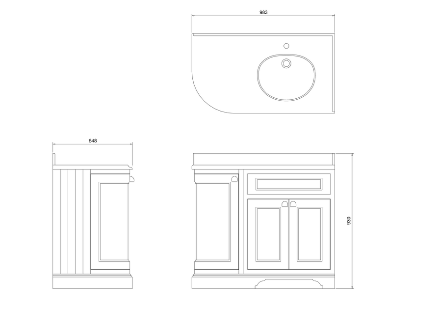 Burlington Curved Vanity Unit RH, 100cm with Minerva Worktop & Basin, technical period house store